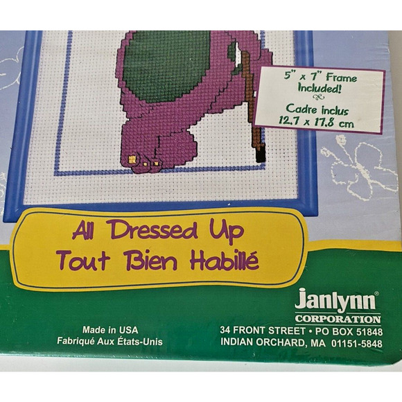 Vintage Barney Framed Counted Cross Stitch Kit All Dressed Up 1997 Dinosaur NOS - Picture 2 of 5